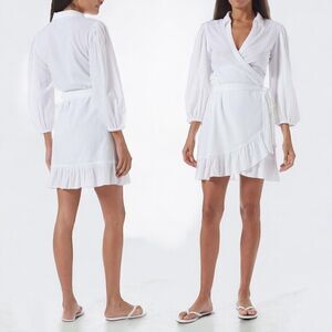 MELISSA ODABASH Paige Linen Cotton Blend Ruffled Balloon Sleeve Wrap Dress Sz‎ L